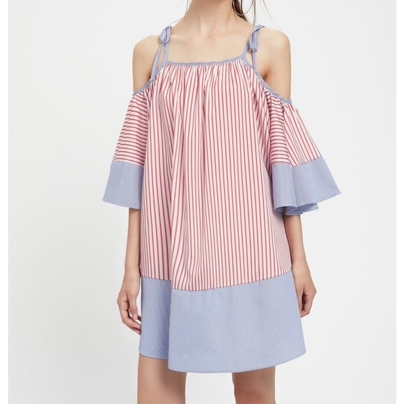 INA Striped Cold Shoulder A-line Dress Red White & Blue Americana Patriotic sz L - Picture 1 of 12